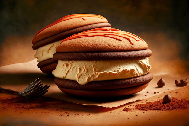 Duas tortas whoopie recém-assadas com creme de chocolate entre as camadas