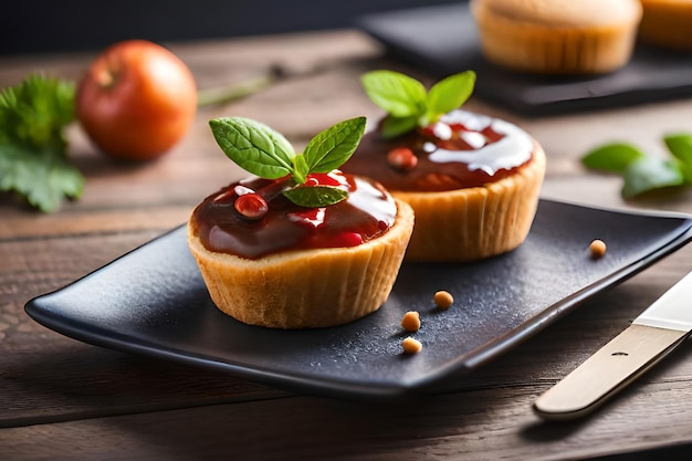 Duas tortinhas com geléia vermelha em um prato com uma faca ao lado.