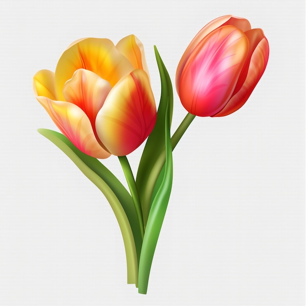 Duas tulipas com folhas verdes sobre um fundo branco