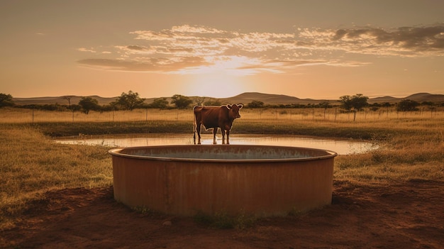 Foto duas vacas estão de pé em frente a um tanque de água.