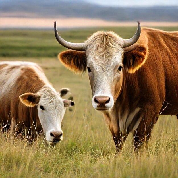 Foto duas vacas estão de pé num campo com uma olhando para a câmara