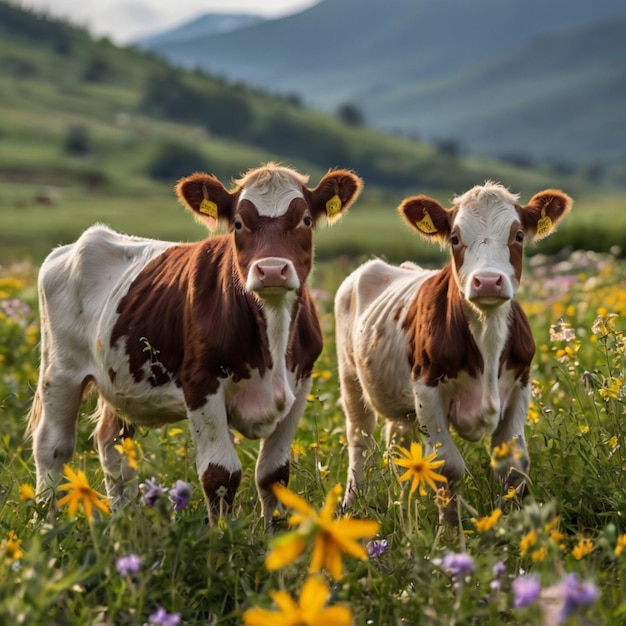 duas vacas num campo de flores com montanhas ao fundo