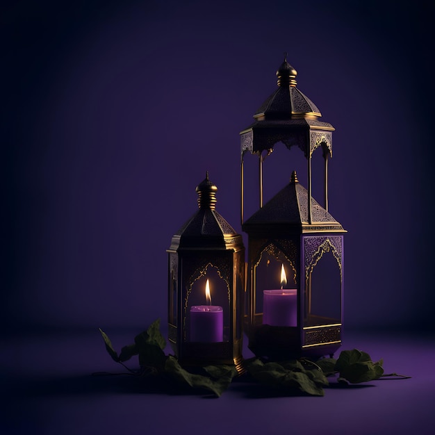 duas velas de lanterna acesas e fundo roxo