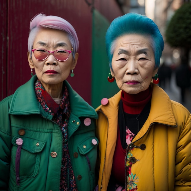 Duas velhas asiáticas informais com cabelos coloridos vestidos no estilo punk