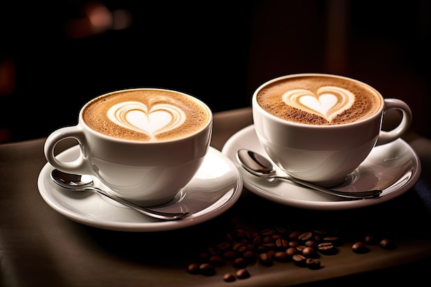 Duas xícaras de amor saboroso cappuccino com latte art em prato marrom e colher perfeito para cafés