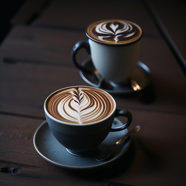 Duas xícaras de café com latte art sobre uma mesa.