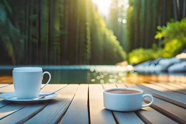 Duas xícaras de café sobre uma mesa de madeira com um lago ao fundo