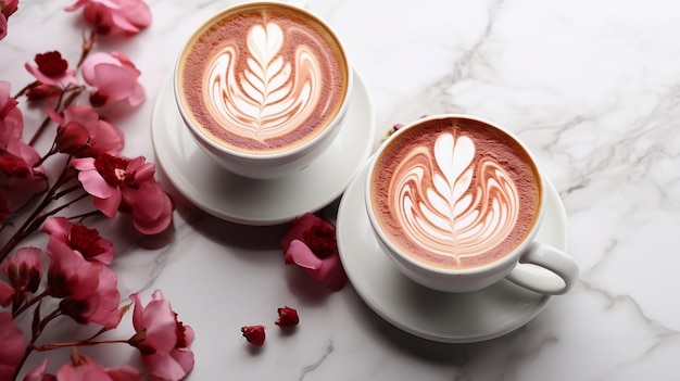 Duas xícaras de cappuccino com latte art em fundo de mármore