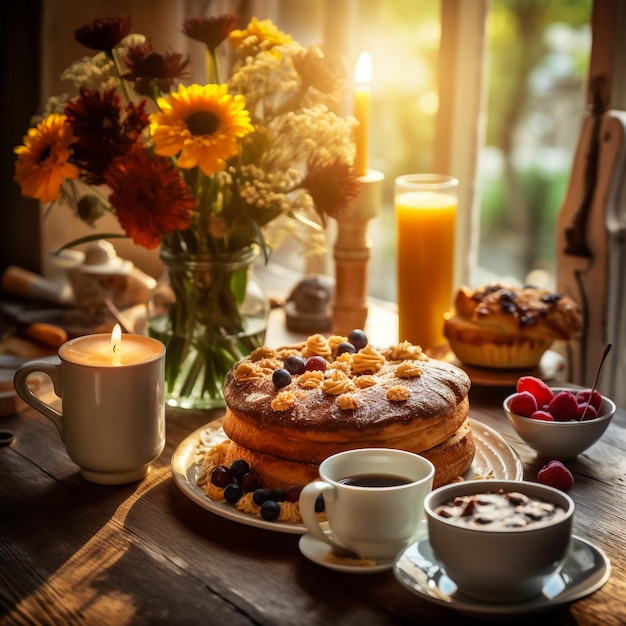 Foto duas xícaras de chá laranja e decoração de outono com flores de abóboras e velas acesas na mesa