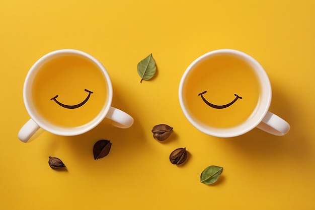 Duas xícaras e um sorriso de folhas de chá secas em um fundo amarelo Dia Internacional do Chá 21 de maio Venda de chá