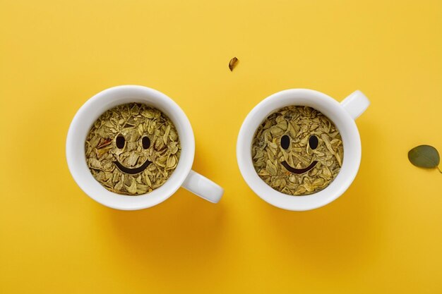 Duas xícaras e um sorriso de folhas de chá secas em um fundo amarelo Dia Internacional do Chá 21 de maio Venda de chá
