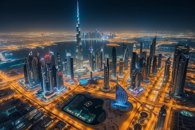Dubai, Emirados Árabes Unidos 17 de dezembro de 2022 A cidade de Dubai à noite Vista aérea dos arranha-céus da cidade de Dubai ou do horizonte junto com o Burj Khalifa capturada do centro de Dubai, UAE