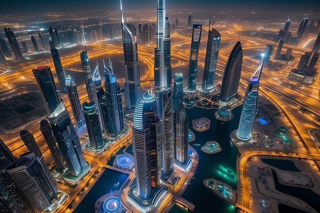 Dubai, Emirados Árabes Unidos 17 de dezembro de 2022 A cidade de Dubai à noite Vista aérea dos arranha-céus da cidade de Dubai ou do horizonte junto com o Burj Khalifa capturada do centro de Dubai, UAE