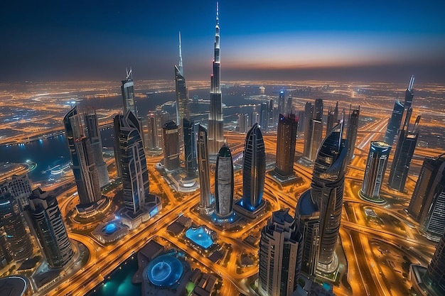 Dubai, Emirados Árabes Unidos 17 de dezembro de 2022 A cidade de Dubai à noite Vista aérea dos arranha-céus da cidade de Dubai ou do horizonte junto com o Burj Khalifa capturada do centro de Dubai, UAE