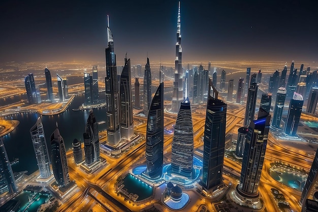 Dubai, Emirados Árabes Unidos 17 de dezembro de 2022 A cidade de Dubai à noite Vista aérea dos arranha-céus da cidade de Dubai ou do horizonte junto com o Burj Khalifa capturada do centro de Dubai, UAE