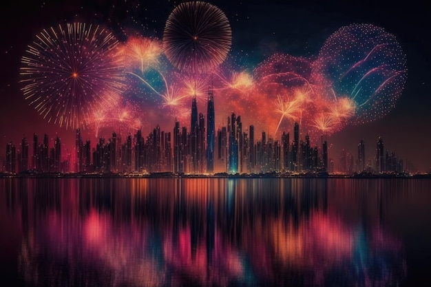 Dubai Emirados Árabes Unidos exibe fogos de artifício para o ano novo