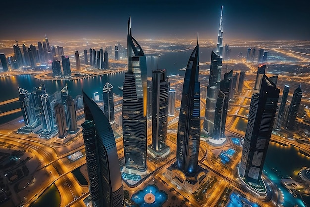 Dubai, Emiratos Árabes Unidos 17 de diciembre de 2022 Ciudad de Dubai por la noche Vista aérea de los rascacielos de la ciudad de Dubai o el horizonte junto con el Burj Khalifa capturada desde el centro de Dubai, EAU