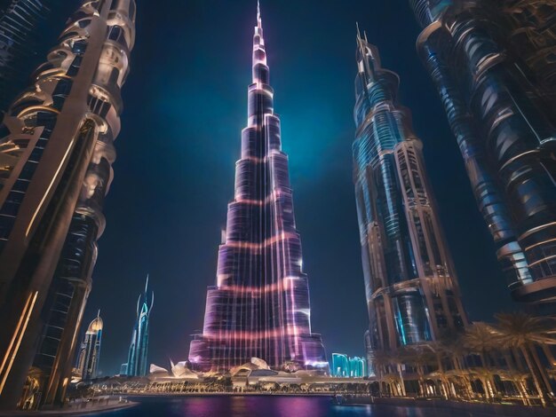 Foto dubai, emiratos árabes unidos, agosto de 2019: increíble espectáculo de luces futuristas en el burj khalifa