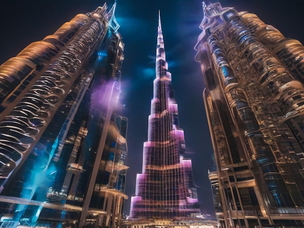 Foto dubai, emiratos árabes unidos, agosto de 2019: increíble espectáculo de luces futuristas en el burj khalifa