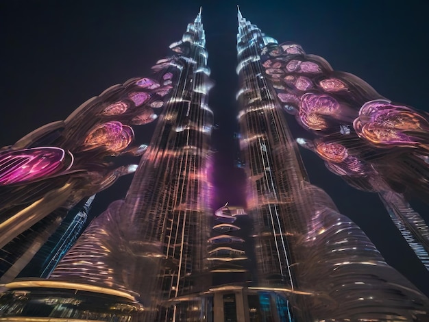 Foto dubai, emiratos árabes unidos, agosto de 2019: increíble espectáculo de luces futuristas en el burj khalifa