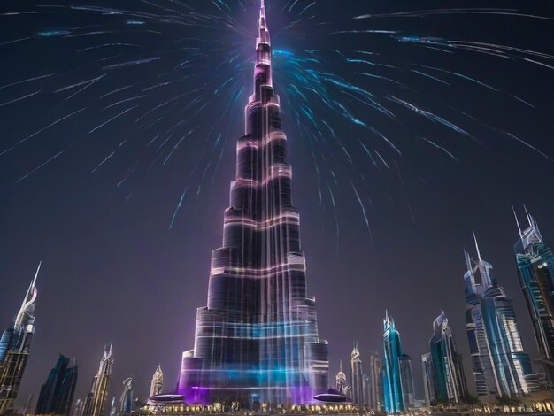 Foto dubai, emiratos árabes unidos, agosto de 2019: increíble espectáculo de luces futuristas en el burj khalifa