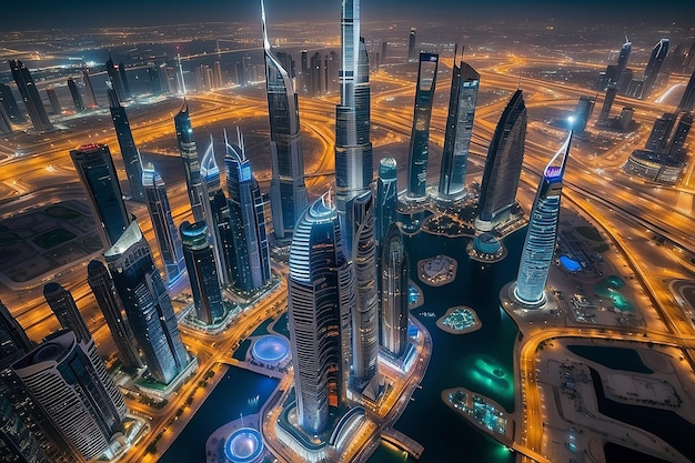 Dubai, Emiratos Árabes Unidos 17 de diciembre de 2022 Ciudad de Dubai por la noche Vista aérea de los rascacielos de la ciudad de Dubai o el horizonte junto con el Burj Khalifa capturada desde el centro de Dubai, EAU