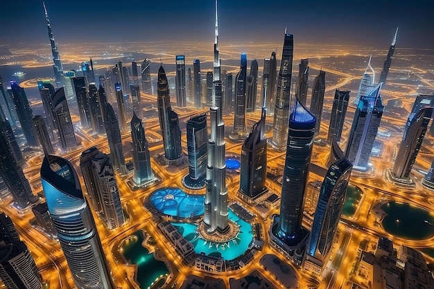 Dubai, Emiratos Árabes Unidos 17 de diciembre de 2022 Ciudad de Dubai por la noche Vista aérea de los rascacielos de la ciudad de Dubai o el horizonte junto con el Burj Khalifa capturada desde el centro de Dubai, EAU