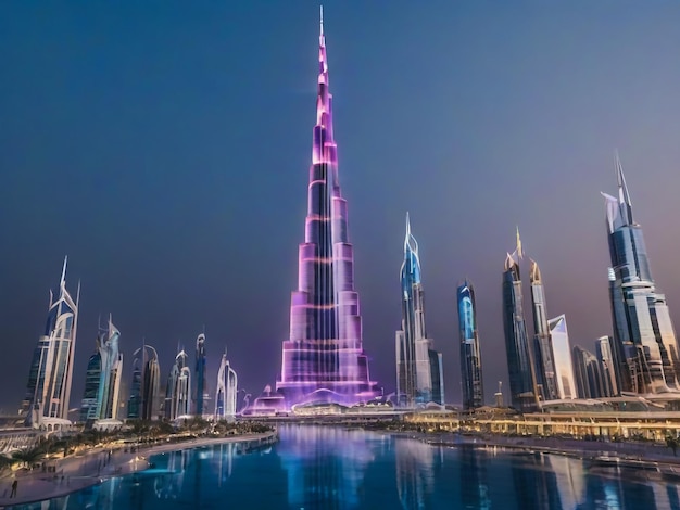 Dubai, Emiratos Árabes Unidos, agosto de 2019: increíble espectáculo de luces futuristas en el Burj Khalifa