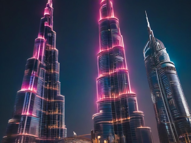 Dubai, Emiratos Árabes Unidos, agosto de 2019: increíble espectáculo de luces futuristas en el Burj Khalifa