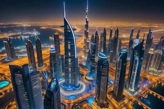 Dubai Vereinigte Arabische Emirate 17. Dezember 2022 Stadt Dubai in der Nacht Luftansicht der Wolkenkratzer oder Skyline der Stadt Dubai zusammen mit Burj Khalifa, gefasst aus der Innenstadt von Dubai, UAE