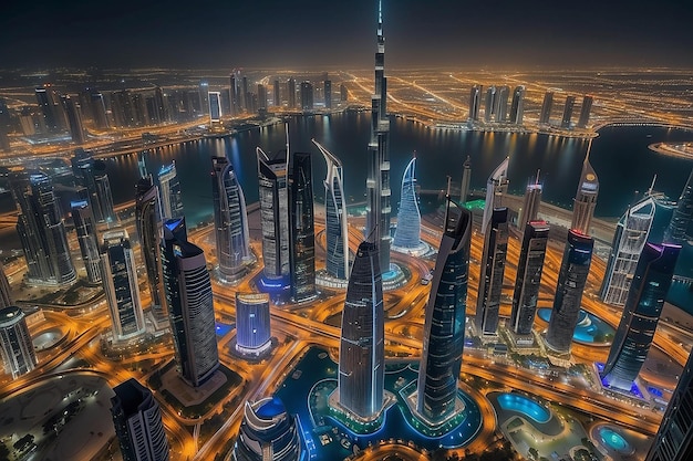 Dubai Vereinigte Arabische Emirate 17. Dezember 2022 Stadt Dubai in der Nacht Luftansicht der Wolkenkratzer oder Skyline der Stadt Dubai zusammen mit Burj Khalifa, gefasst aus der Innenstadt von Dubai, UAE