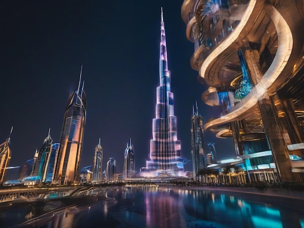Dubai, Vereinigte Arabische Emirate August 2019 Erstaunliche futuristische Lichtshow auf dem Burj Khalifa f