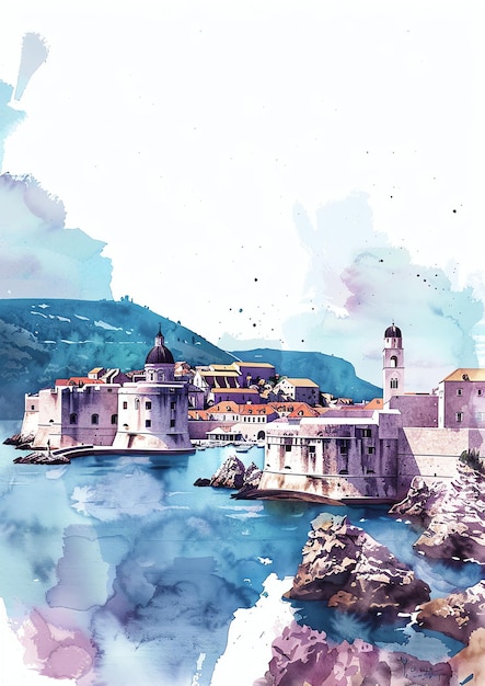 Dubrovnik Croácia paisagem aquarela modelo de convite de casamento