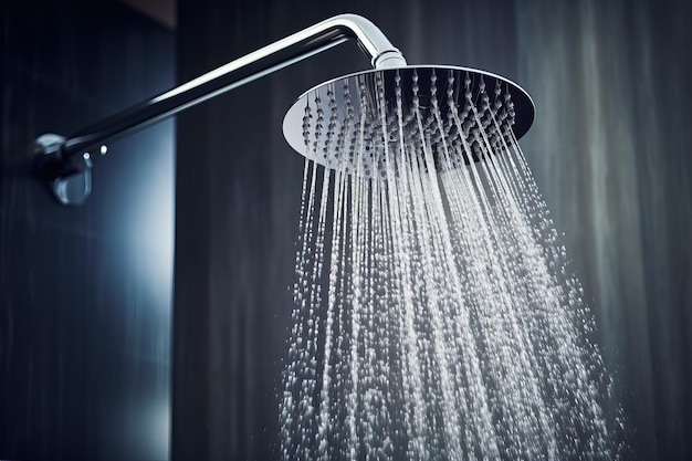 Ducha refrescante con salpicaduras de agua Agua que fluye desde el cabezal de la ducha y el grifo en el baño moderno