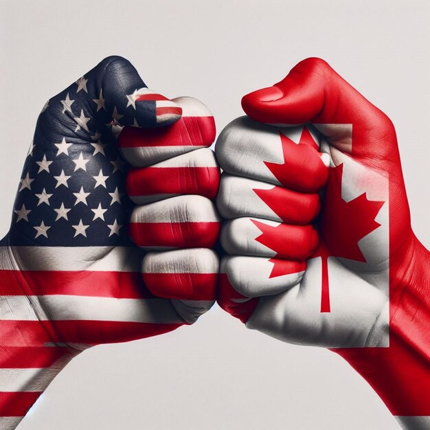Foto duelo de banderas manos estadounidenses contra canadienses compiten en un partido animado en lienzo blanco