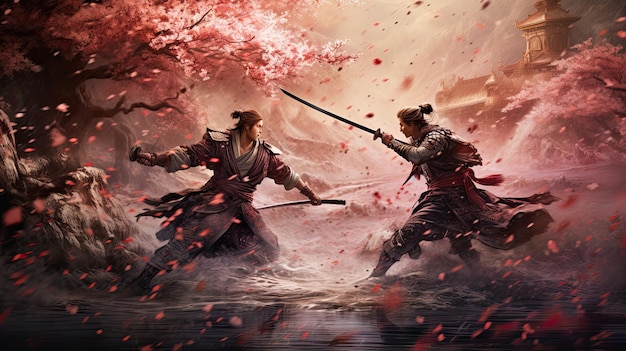 Duelo de samurais sob uma cascata de flores de cerejeira
