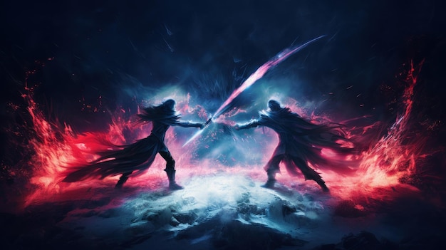 Foto duelo épico entre dois guerreiros místicos em meio a um ambiente de fogo