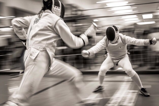 Foto duelo de esgrima en un gimnasio