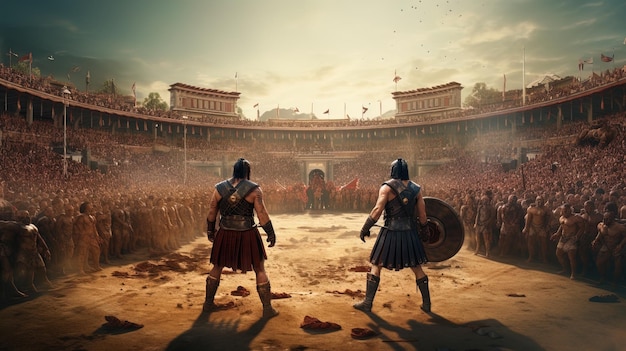 Foto duelo de gladiadores en el coliseo ante una multitud entusiasta