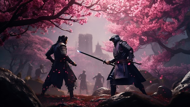 Duelo de guerreros samuráis con espadas en el jardín de la flor de sakura