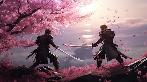 Duelo de guerreros samuráis con espadas en el jardín de la flor de sakura