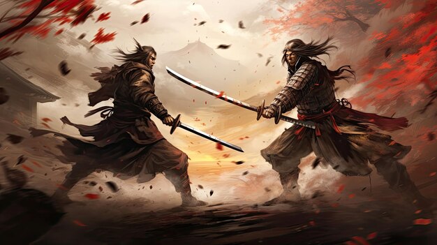 Duelo legendario de samuráis entre dos guerreros hábiles Pintura de estilo japonés lucha de espadas Estética japonesa armadura de placa asunto de honor Concepto de batalla Generado por IA