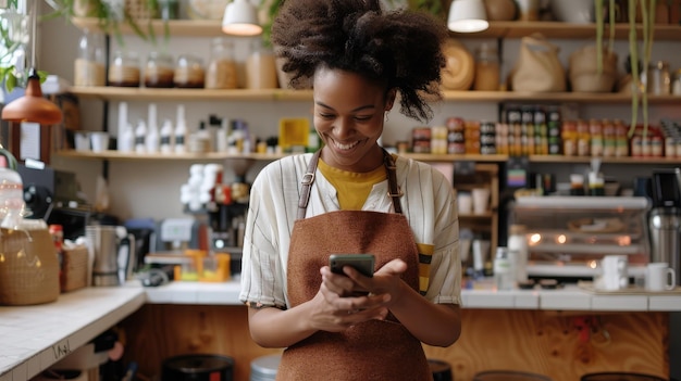 La dueña de una tienda en línea leyendo un mensaje de texto en su teléfono móvil Una mujer de negocios feliz haciendo planes