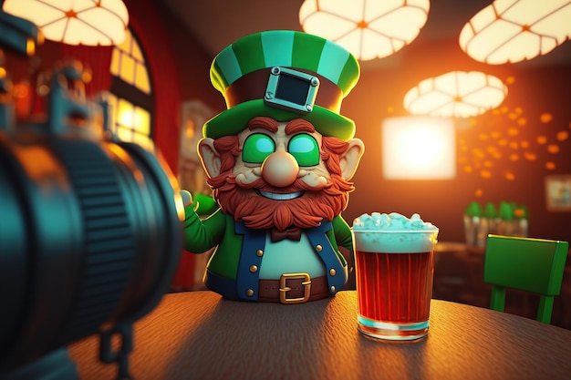 Un duende sosteniendo un vaso de cerveza verde en un bar.