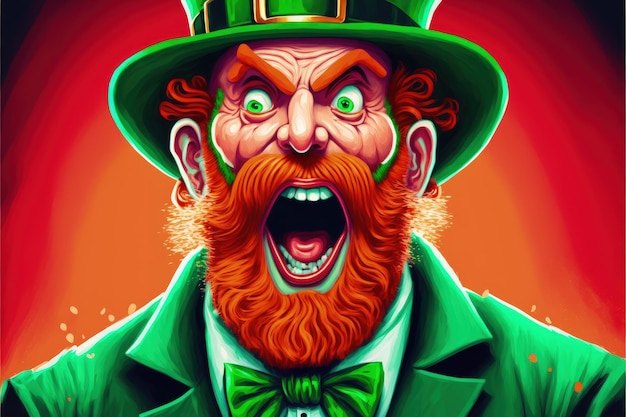 Un duende vestido de verde con una barba roja que expresa asombro y emoción en un fondo verde listo para celebrar el Día de San Patricio Concepto de fantasía Ilustración pintura AI generativa