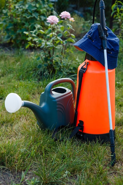 Düngemittel-Pestizid-Gartensprüher und Gießkanne auf Rasen mit grünem Gras