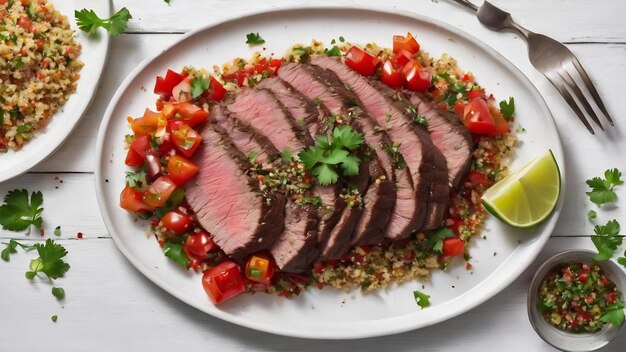 Dünn geschnittenes Roastbeeffilet mit Quinoa und Tomaten-Pfeffer-Salse auf weißer Platte auf weißem Holz.