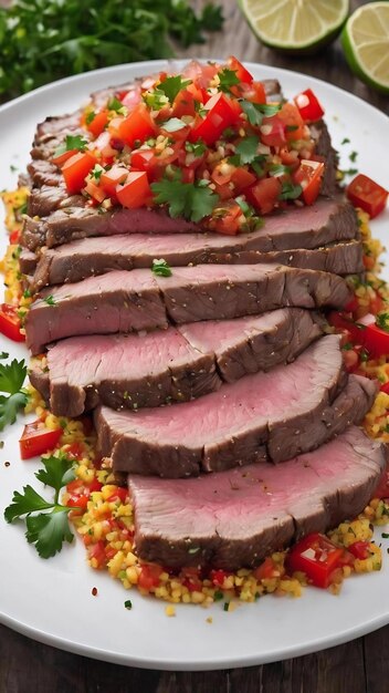 Dünn geschnittenes Roastbeeffilet mit Quinoa und Tomaten-Pfeffer-Salse auf weißer Platte auf weißem Holz.