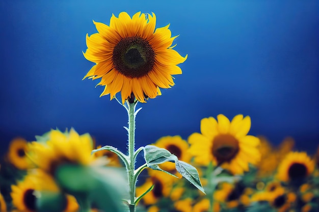 Dünne hellgrüne Stiele mit Blättern halten leuchtend gelbe Sonnenblumenköpfe