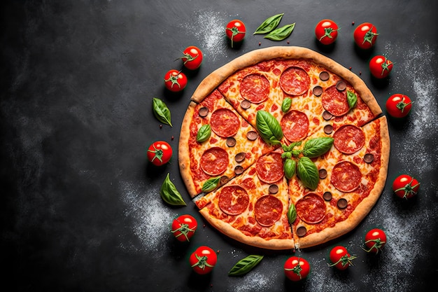 Foto dünne italienische pizza mit köstlicher füllung aus wurstkäse und tomaten isoliert auf schwarzem hintergrund